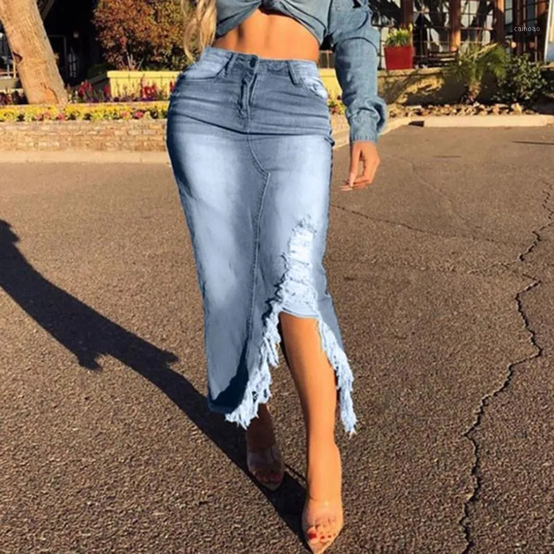 Kvinnor kjolar sommar plus storlek midi penna kjol kvinnlig hög midja rippad förstört bodycon street style denim faldas