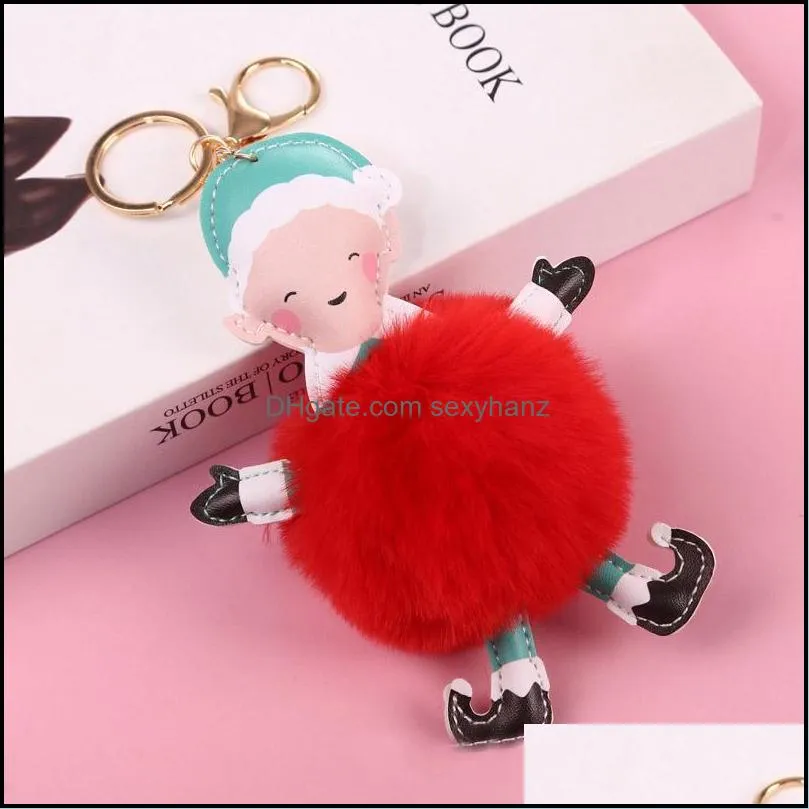 christmas Keychains Big Red Santa Claus Fluffy Key Chain Party Gifts Faux Rabbit Fur Ball Pom Keychains Women Bag GWE11186