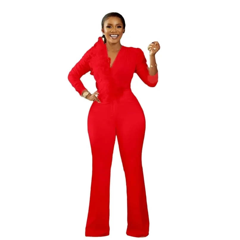 Solid Färg Långärmad Jumpsuit Kvinnor Sommarprodukt Skinny High Waist Flare Ben Byxor Kontor Lady Rompers Elegance 210525