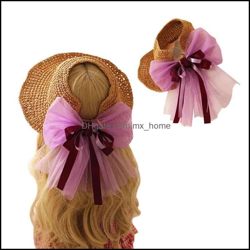 Summer Sun Hats Fashion Girl Straw Hat Ribbon Bow Beach Casual Flat Top Panama Caps &