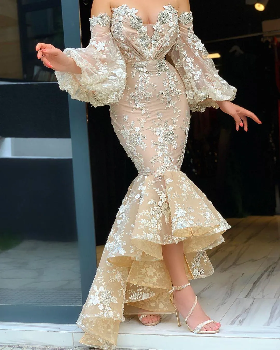 2022 arabe Aso Ebi Champagne dentelle perlée robes de soirée chérie sirène robes de bal Vintage formelle fête deuxième réception robes