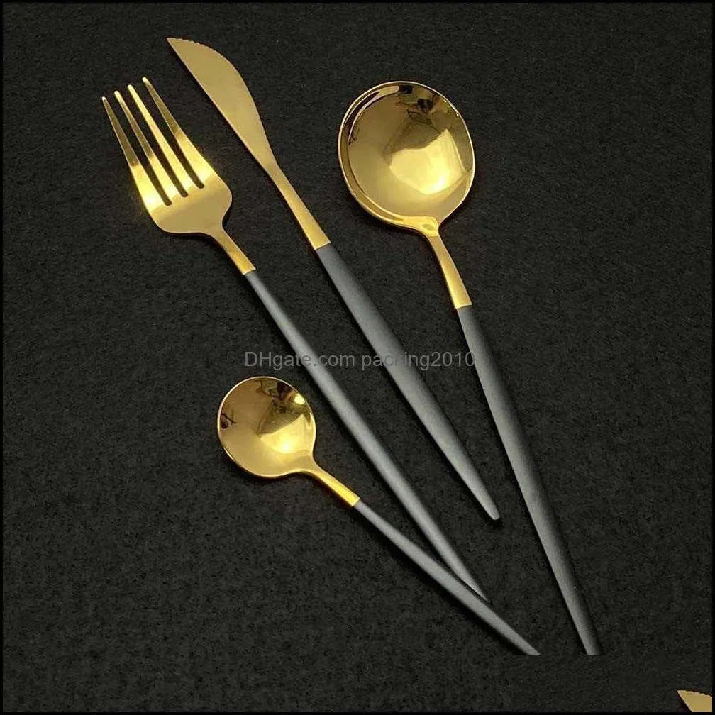 24Pcs White Gold Shiny Dinnerware Set Stainless Steel Knife Fork Spoon Silverware Cutlery Set Kitchen Flatware Tableware Set X0703