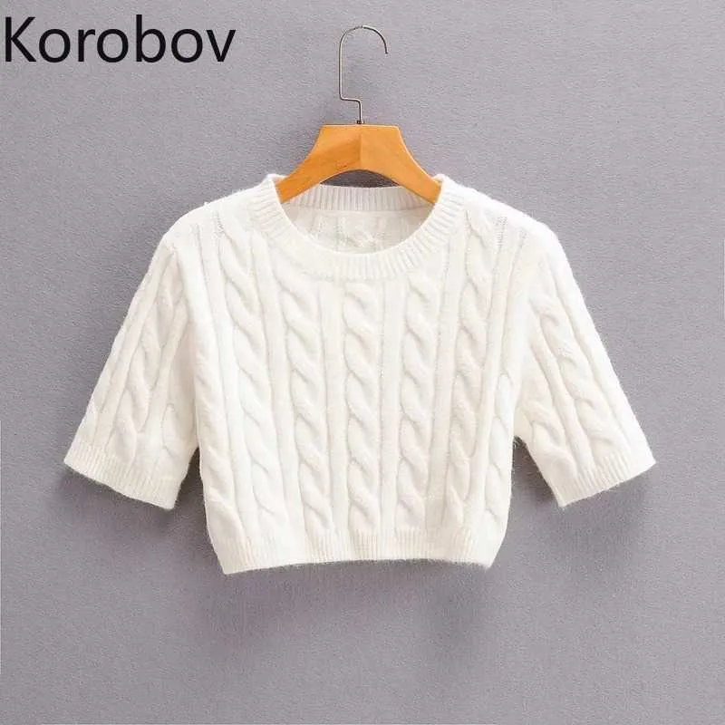 Korobov Koreańskie Kobiety Swetry Vintage Krótki Rękaw Crop Jumper Femme Jesień Streetwear Sueter Mujer Knitwear White Tops X0721