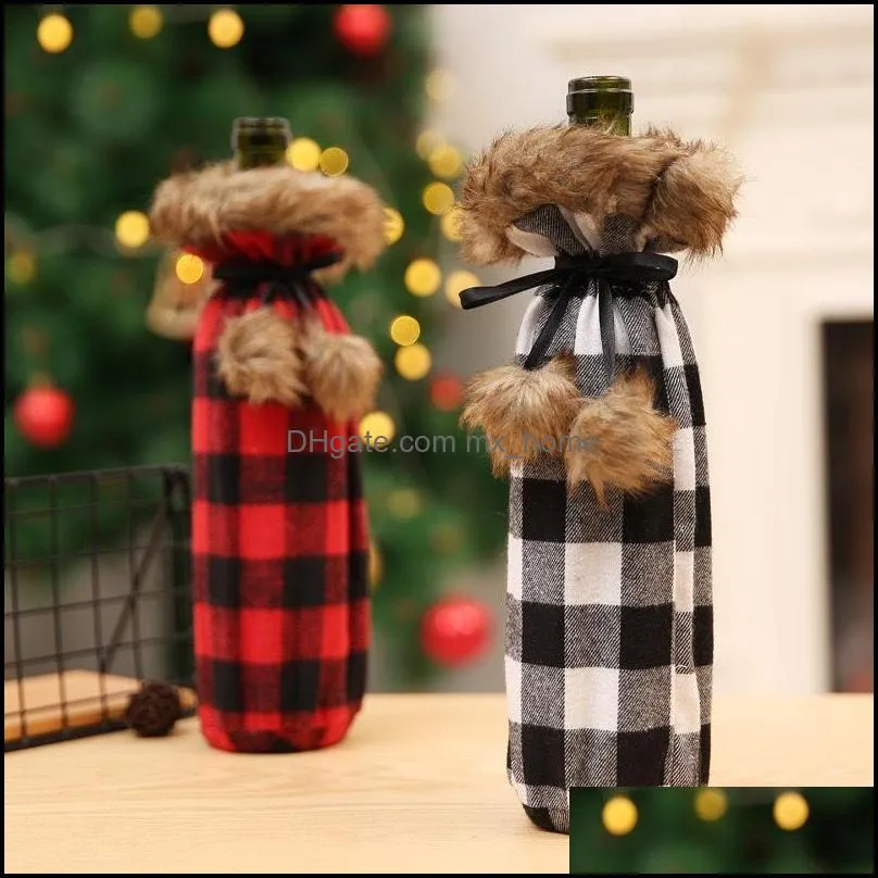 Christmas Black Red Grids Drawstring Winebottle Cover Fashion Balck White Grids Wine Bottle Cover Party Home Decoration Supplies