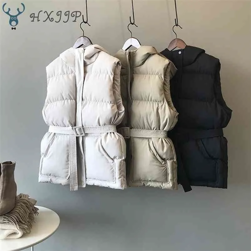 HXJJP Mujeres Chaleco Chaqueta de invierno Bolsillo Abrigo con capucha Cálido Casual Algodón Acolchado Femenino Slim Sin mangas Chaleco Cinturón en stock 210909