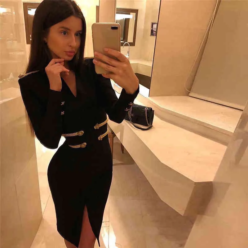 2021 New Autumn Women Bandage Dress Sexy V Neck Full Sleeves Knee Längd Split Fork Dress Club Celebrity Bodycon Party Vestidos G1214