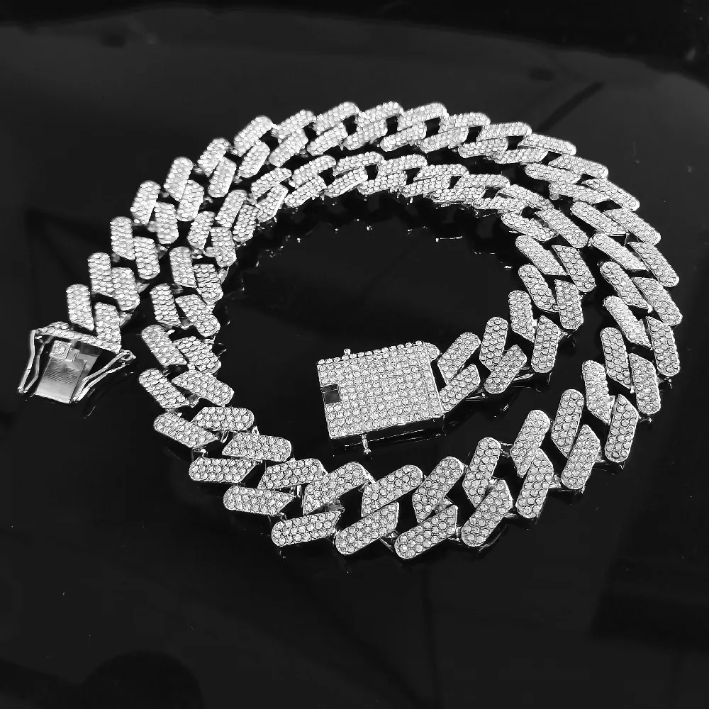 Högkvalitativ modekorekorativ halsband 20mm Three Row Diamond Miami Kuba Chain Full of Zircon Men's Hip Hop246C