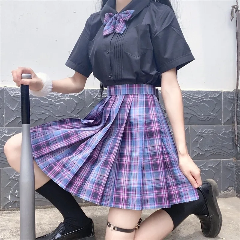 Kadın Mor Siyah Gotik Pileli Ekose Etek Yaz Yüksek Bel Kore Harajuku Japon Sevimli Seksi Mini A-Line Etekler JK Cosplay 210303