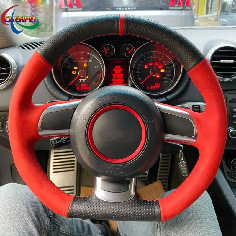Cubiertas de la rueda del volante DIY Funda de cuero negra de gamuza rojo antideslizante para Audis (8J) 2006-2014 A3 S3 (8P) Decoración de autos deportivos