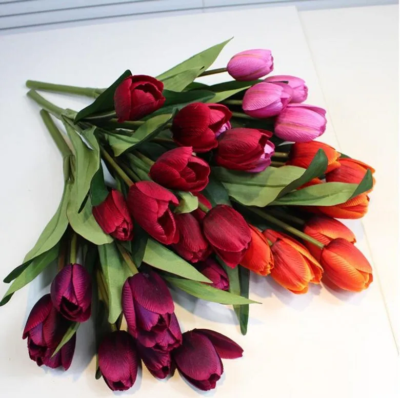 [name] : 9 heads tulip [ material ] : plastic +, leaves are tape, wire flower heads is silk . [size] : the height of 30 cm, 9 points forks