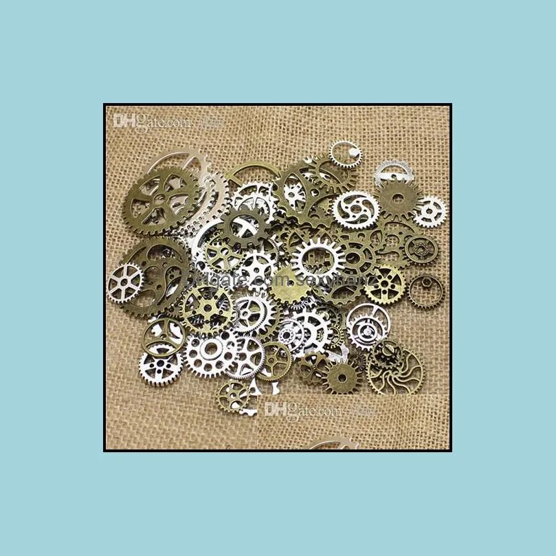 Wholesale-Wholesale Mix 100 pcs Vintage steampunk Charms Gear Pendant two color Fit Bracelets necklace T0484