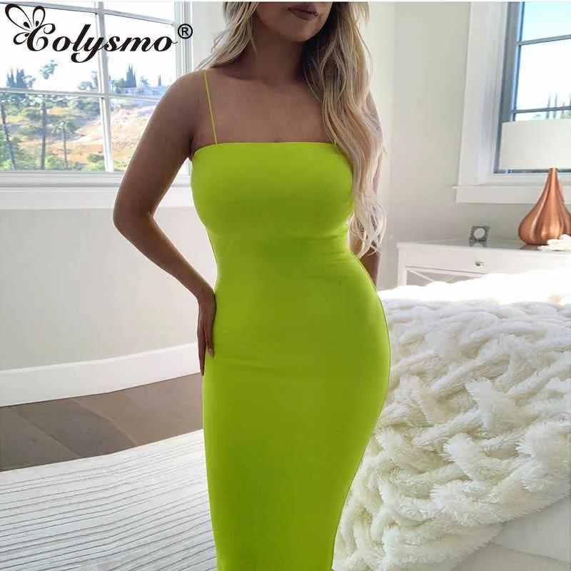 Colysmo Double couches robe d'été femmes dos nu Sexy moulante longue femme fête nuit coton élégant citron vert 210527