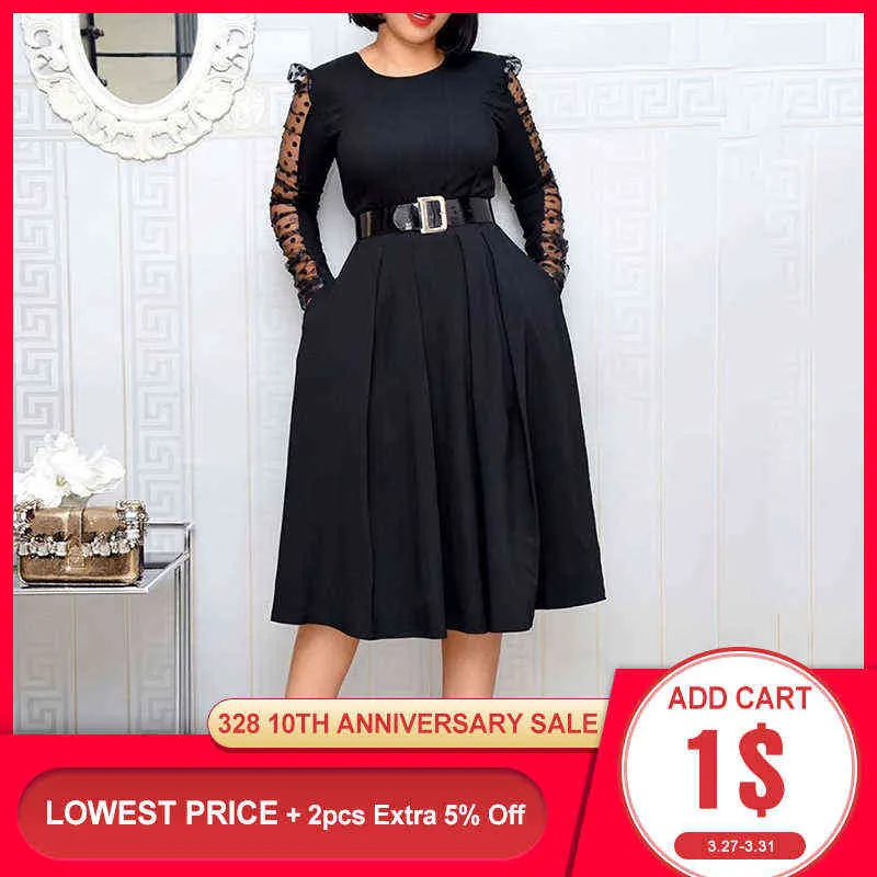 Elegant Black Mesh Long Sleeve Dress Spring 2020 2XL Plus Size Office Dresses For Women Ladies Tunic Work Wear Clothes Midi G1214