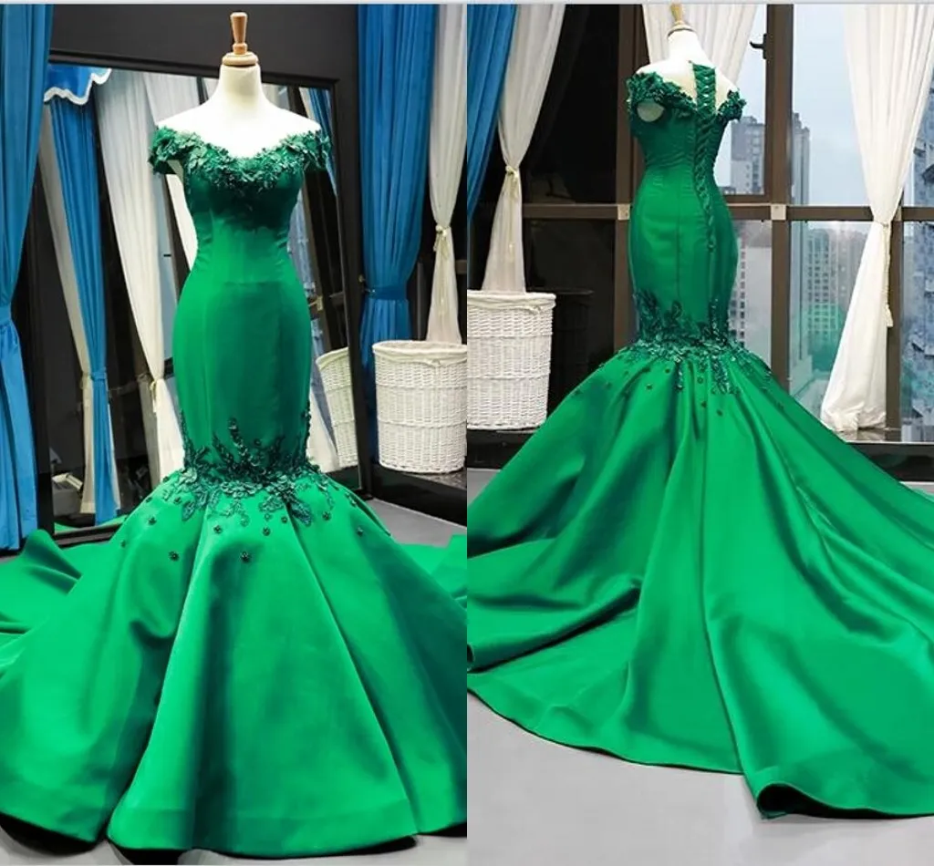Modest Dark Green Mermaid Green Gown for Wedding with Floral Applique and Beading - Off-Shoulder Plus Size Bridal Gown for Formal Parties - 2021, image size:1024x950