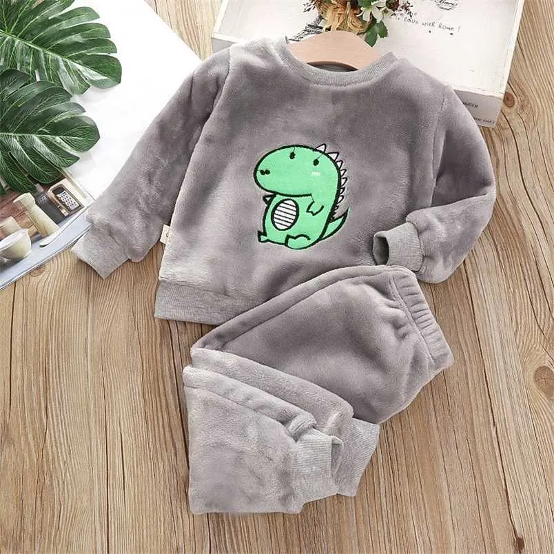 Baby Boy Girl Pajamas Set Flannel Fleece Toddler Kids Child Warm Catoon dinosaur Sleepwear Clothes Winter Fall Spring 1-6Y 211109