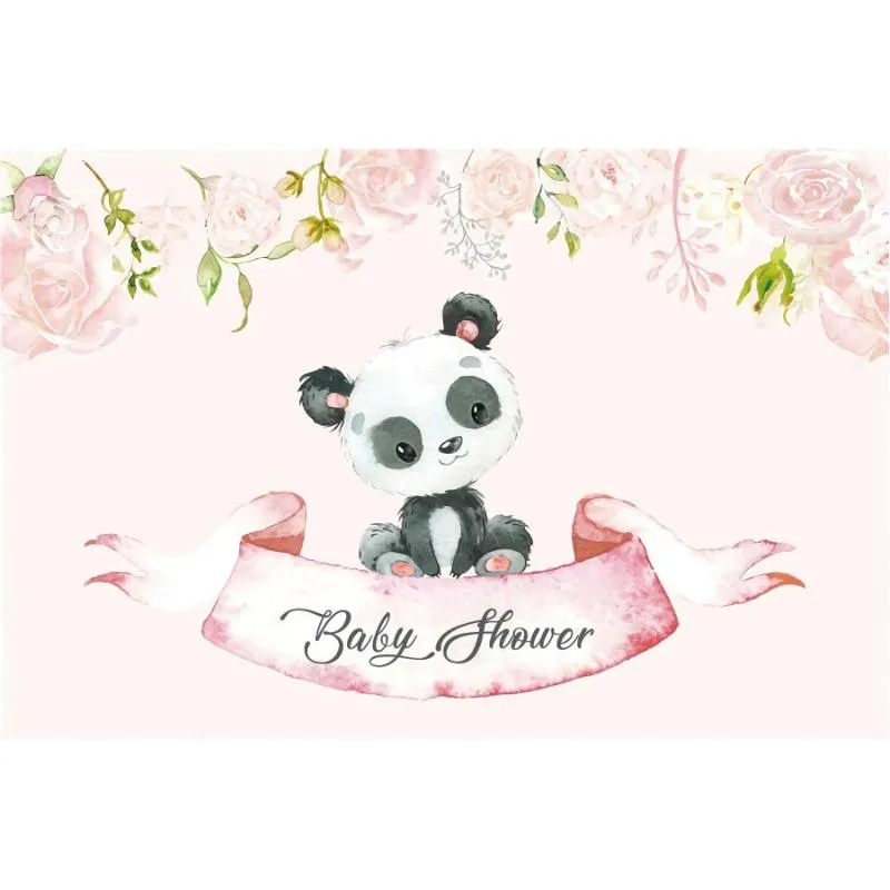 Decorazione per feste Sfondo per baby shower Cartone animato Panda Fiore Sfondo rosa chiaro Pografia Nato Compleanno Decor Po Booth Studio Prop