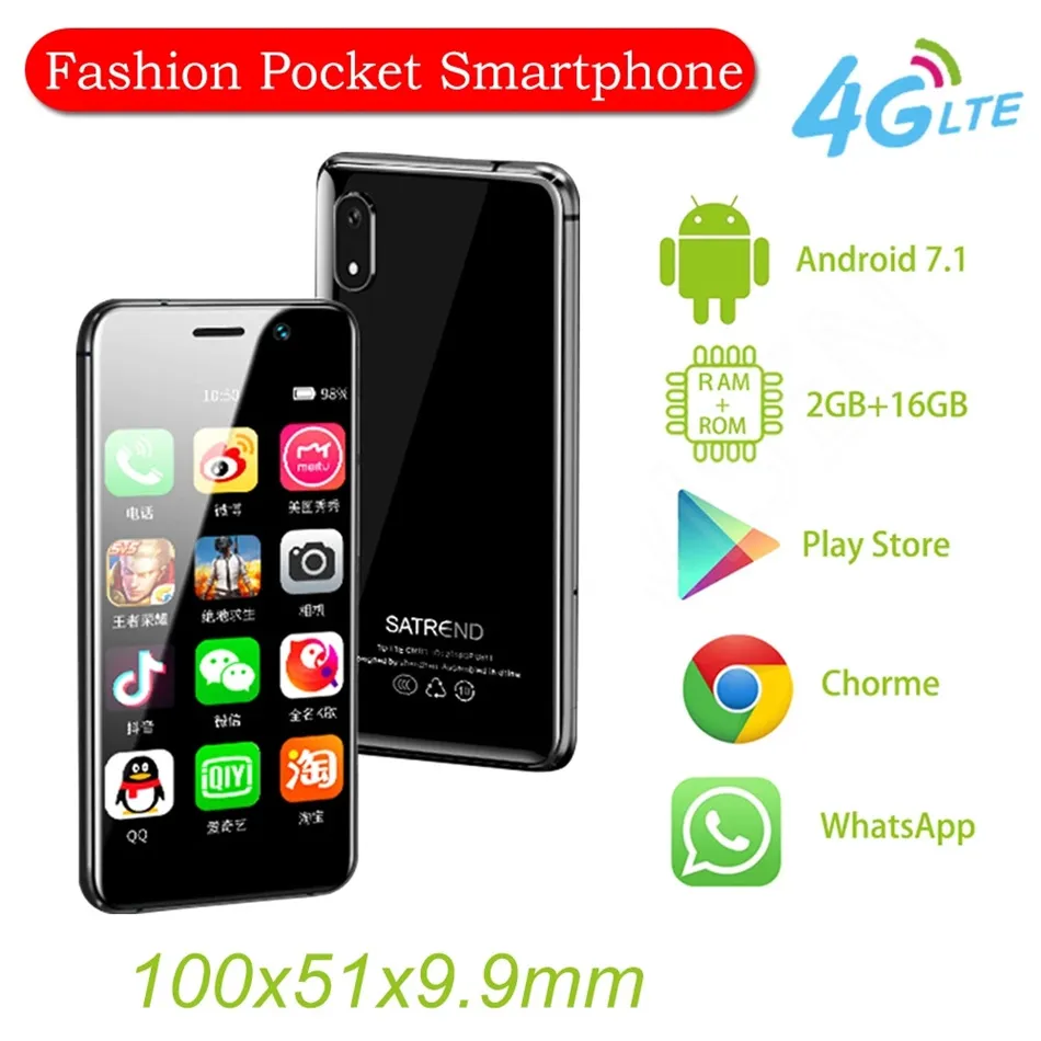 Unlocked Dual SIM -kort 4G LTE -mobiltelefoner Minsta Android Google Play Smartphone 3.4 '' Quad Core GPS WiFi Student Mini Small Smart Phone