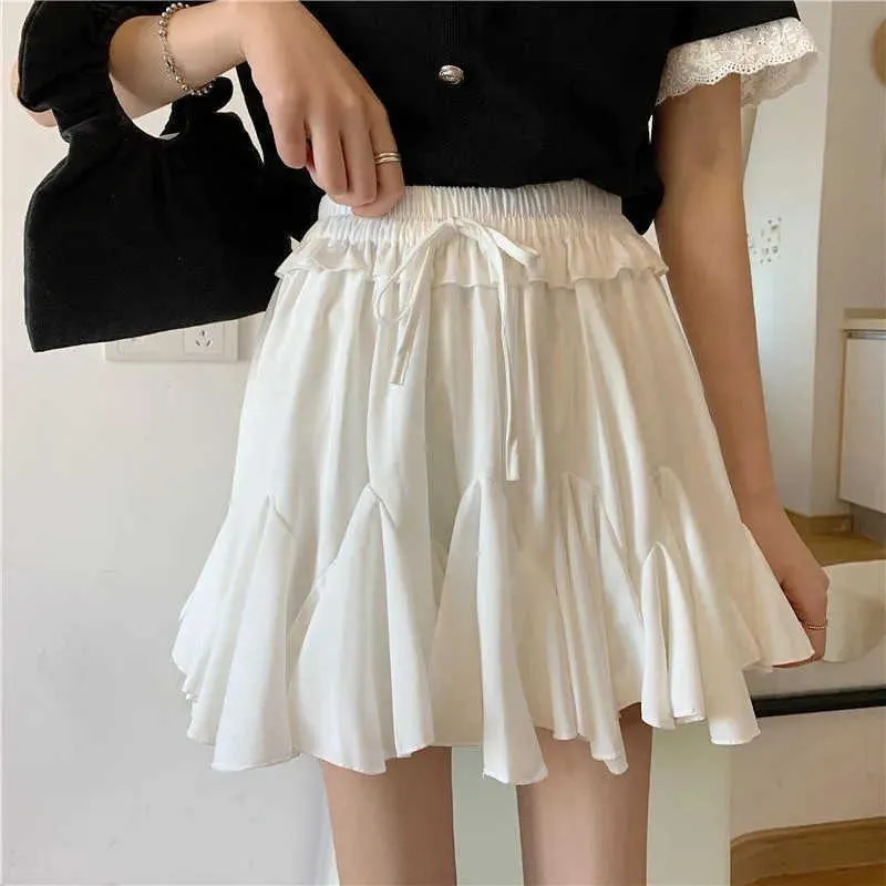 Beyaz Şifon Fırfır Vintage Mini Etek Kadın Harajuku Yaz Kısa Pileli Etek Moda Yüksek Belli Siyah Düzensiz SAIA 210619