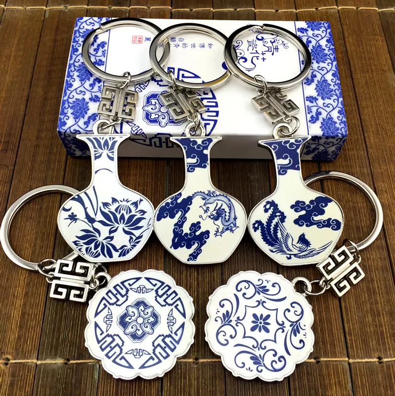 10st CHINESE STYLE LÄRARE Presentuppsättning Keychain Business Favors Nyckelring Unik Blå och Vit Porslin Key Holder