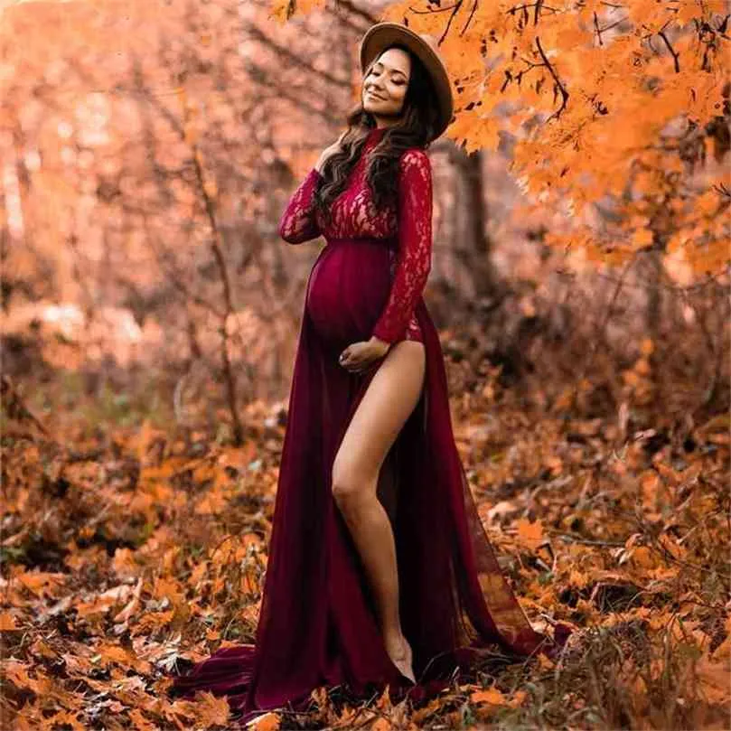Maternity Pography Bodysuit Dress Outfit Pregnant Women Robe Grossesse Shooting Po Lace Stretchy 2Pcs in 1 210922