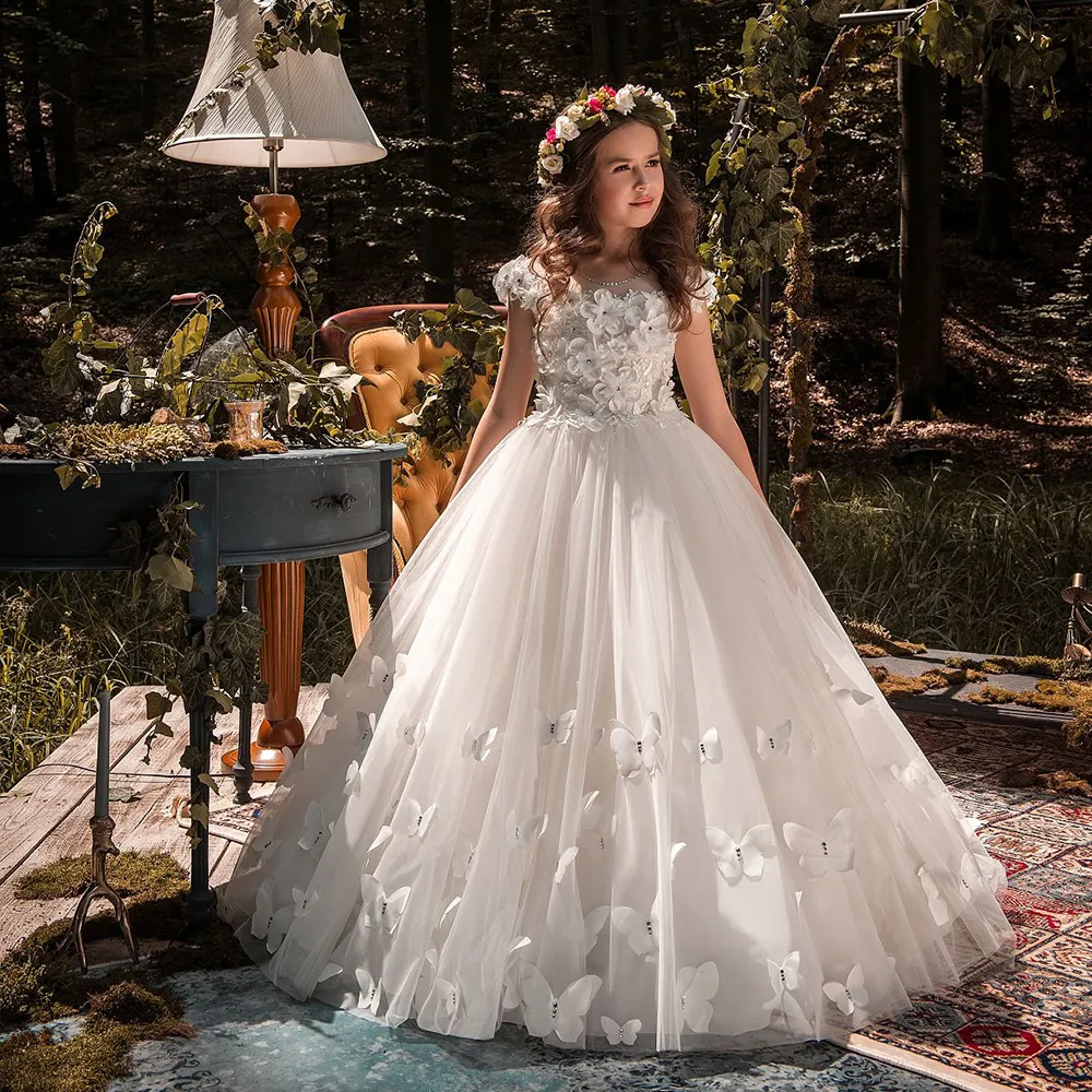 Jewel Boyun Dantel Çiçek Kız Elbise Düğün Aplikler için Kapalı Omuz Tül İlk Communion Gowns Pageant Elbise