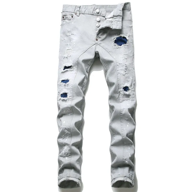 Män smala fit rippade jeans märke hål förstört mager rakt ben tvättade män frayed motocykel denim byxor hip hop stretch cyklist 276t