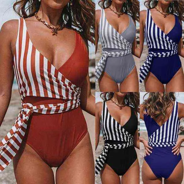 Bröstkors V-hals spets upp Jumpsuits Baddräkt Kvinnors Sexiga Striped Baddräkt Bikini 220106