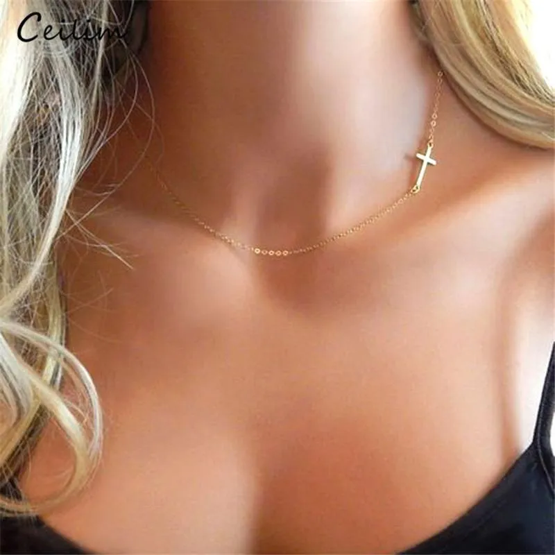 Pendant Necklaces 2021 Simple Female Sideways Cross Charm Necklace Gold Color Stainless Steel Choker Neck Chains For Women Collar Jewelry