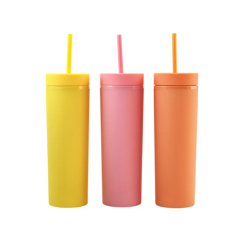 Skinny Double Plastic Frosted Water Cup 16oz Grote Capaciteit Handige Cup Straight Straw Cup Pure Kleur Kinderen Sippy Cups Sale H32R4GI