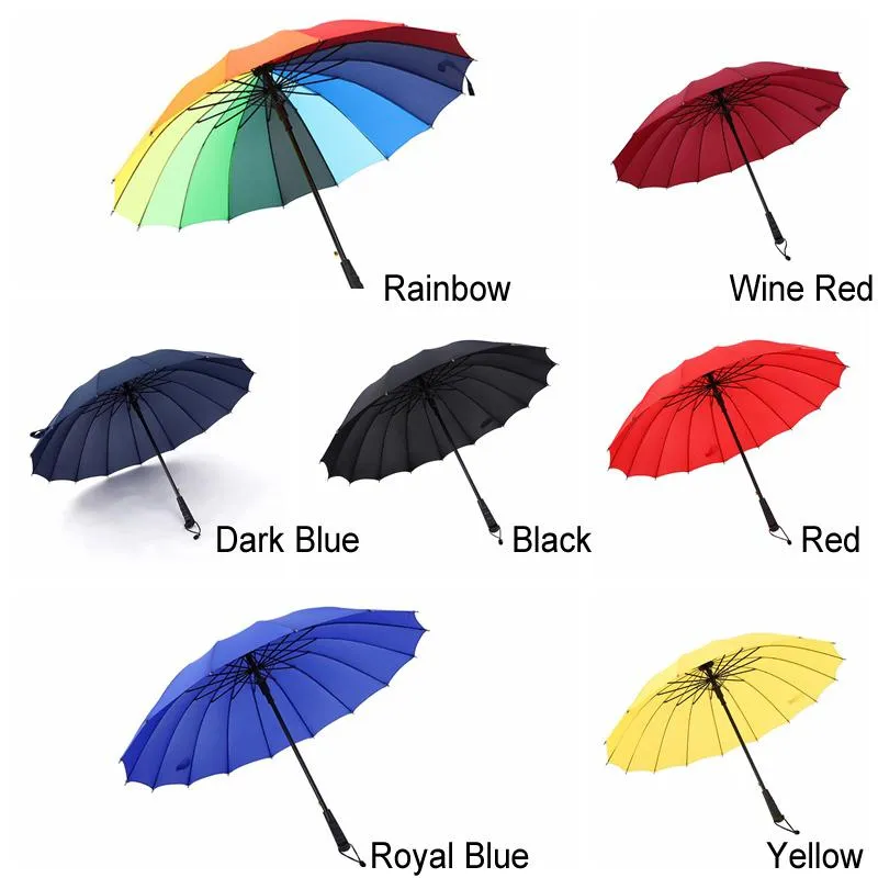 Long Straight Handle Umbrella 16K Strong Windproof Solid Color Pongee Umbrellas Rainbow Men Women Sunny Rainy Bumbershoot BH4792 TQQ