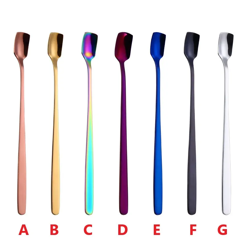 304 Stainless Steel Square Head Ice Spoons Home Kitchen Supplies Long Handle Coffee Dessert Gold Cocktail Stirring Scoops DH8476