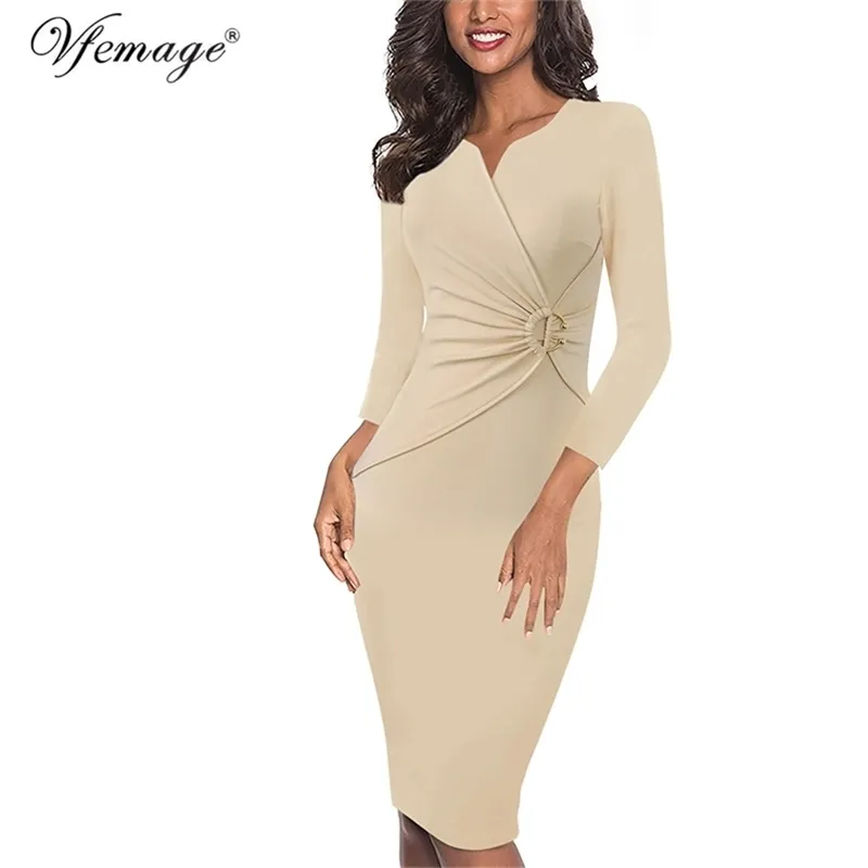 Vfemage Women Spring Summer Elegant Ruched Embellished Waist Work Office Business Cocktail Party Bodycon Pencil Sheath Dress 007 210623