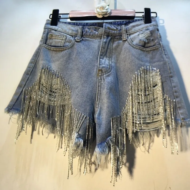 Rhinestone Fringe Shorts: Premium Light Blue Denim, High Waist