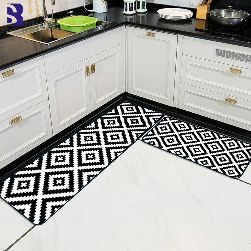 Tapete preto e branco de 2 peças Sunnyrain para cozinha Geométrica Cozinha Área de Cozinha Rug Resistente a Banheiro Rugs 210301