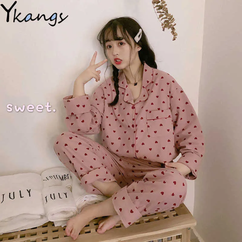 Doux Rose Femmes Pyjamas Ensembles Pyjama Mignon Dessin Animé Imprimé Bouton Haut + Pantalon Long 2 Pcs / lot Pijama Plus La Taille Vêtements De Nuit Lounge Wear 210619