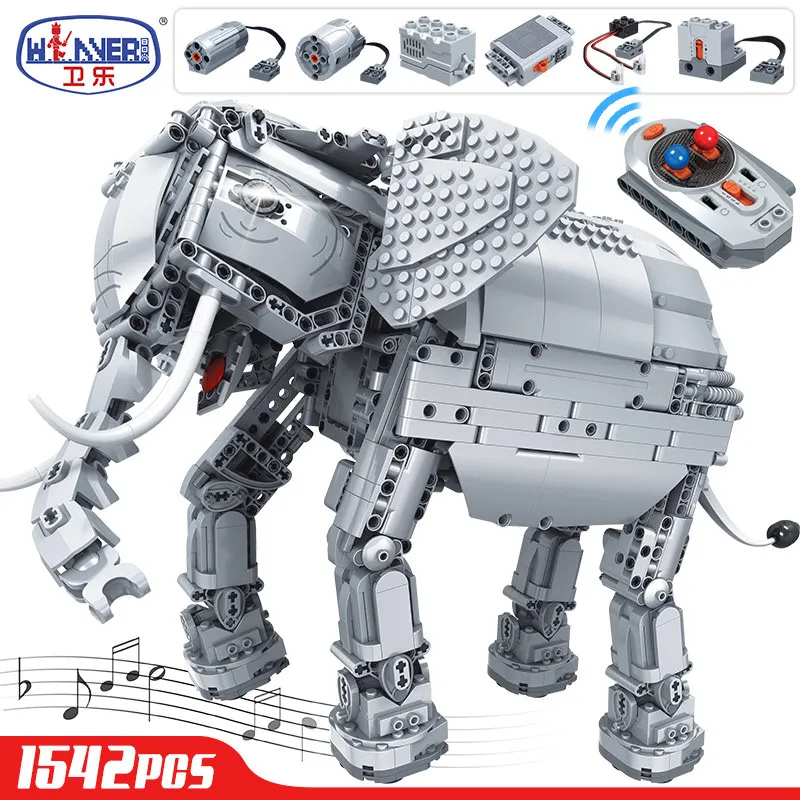 1542 pièces blocs de construction créatifs princesse high-tech RC télécommande éléphant Animal briques électriques jouets pour enfants en vente