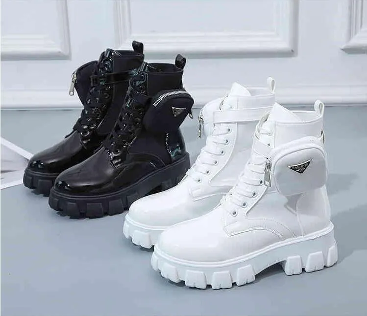 2021 Fashion Chunky Boots White Lace Up Ankle For Women Autumn Round Toe Combat Black Platform Ladies Shoes