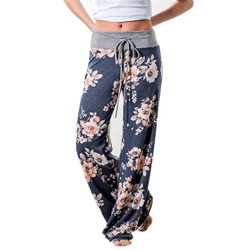 Causal Women Autumn Flower Print Pants Drawstring Wide Leg Loose Straight Trousers Long Female Plus Size 210607