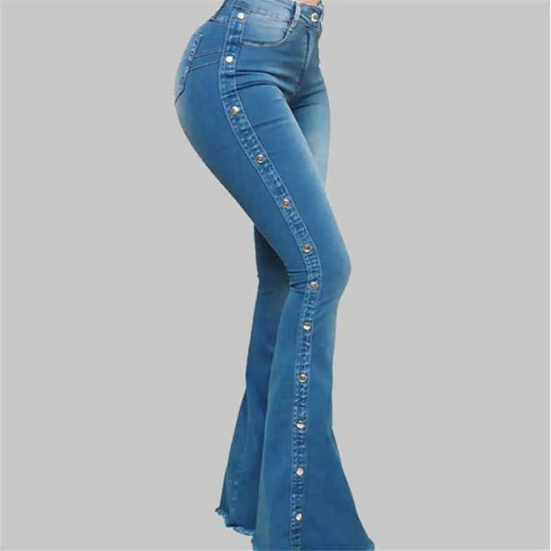 Katoen Blauw Hoge Taille Uitlopende Jeans Dames Skinny Sexy Klinknagel Streetwear Dame Kwaliteit Denim Bell-Bottomed Broek 211129