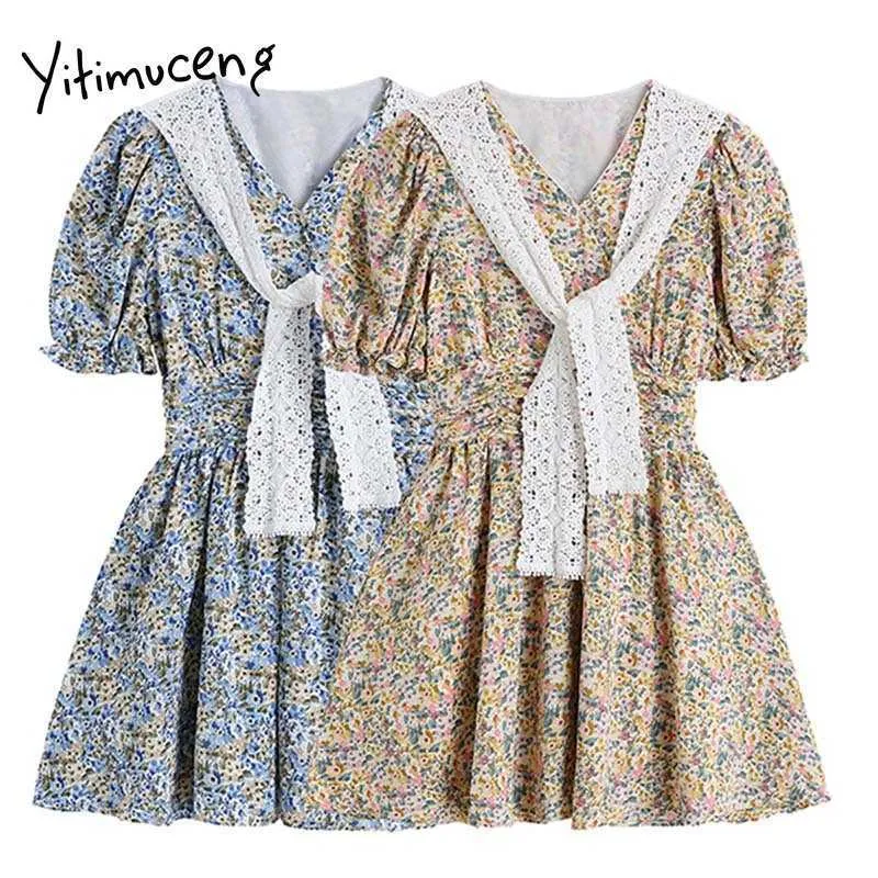 Yitimuceng Ruched Dresses Kvinnor Sommar med Sjal Poug Sleeve Hög midja A-Line Blue Yellow Sundress Korean Fashion 210601