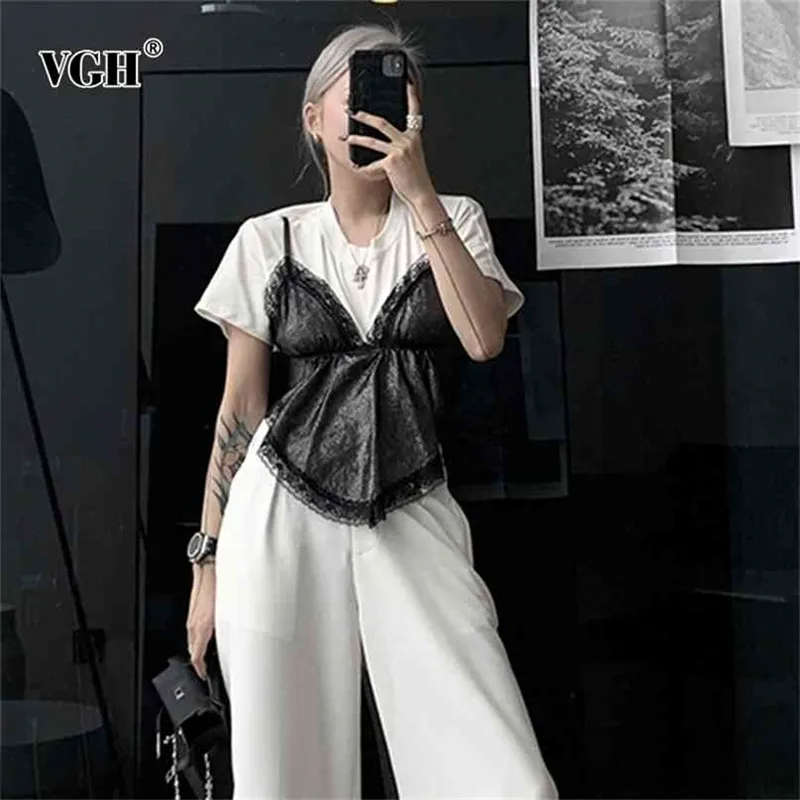 Sexy Top For Women V Neck Sleeveless Patchwork Lace Ruched Asymmetrical Hem T Shirt Designer Clothes Summer Fashion 210531