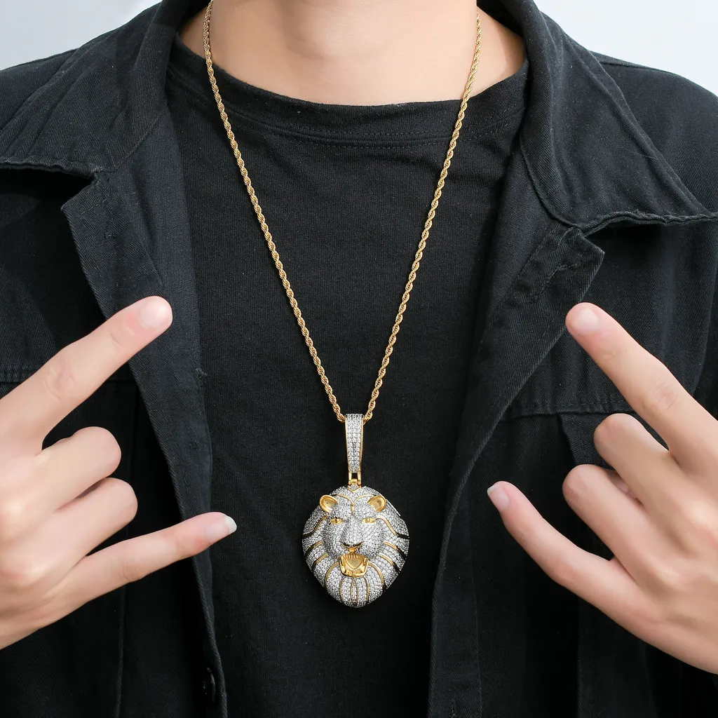 Mannen Hip Hop Volledige Strass Leeuw Hoofd Hangers Kettingen Mannelijke Bling Bling Iced Out Out 24 inch Touw Ketting Hiphop Cubic Zirconia Stone Necklace 14k Real Gold Plating