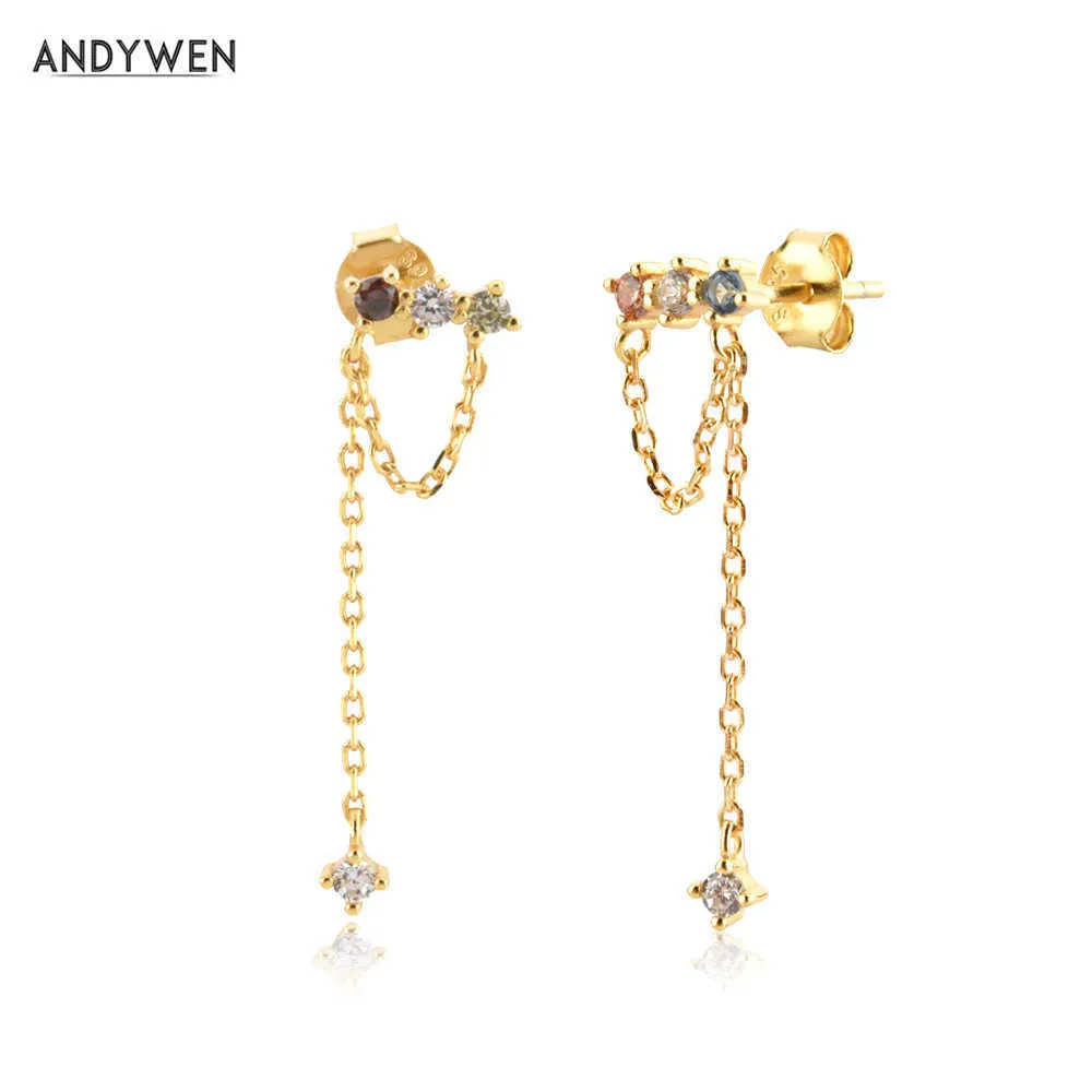 ANDYWEN 925 Plata de Ley Cadena Larga Cuatro Zircon Stud Pendiente Mana Gold Piercing Joyería Fina de Lujo Pendiente Five 210608