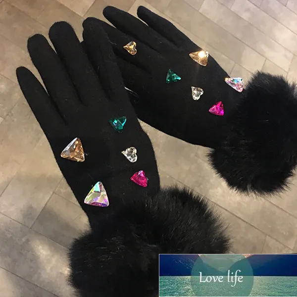 Gants de laine d'hiver pour femmes de luxe de marque coloré cristal véritable fourrure gants de fourrure élégants mitaines femmes gants en cachemire conception d'expert de prix usine qualité