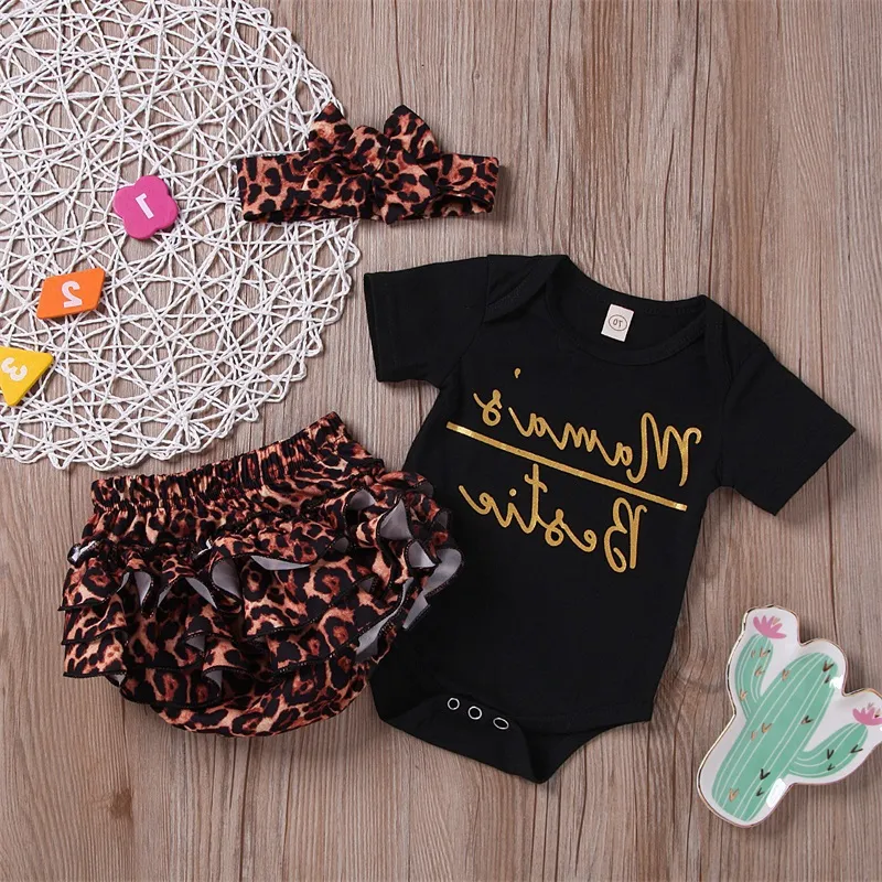 Baby meisjes kleding sets rompertjes luipaard hoofdband brief print knop pasgeboren baby jumpsuit playsuit zomer 1-3t 1392 b3