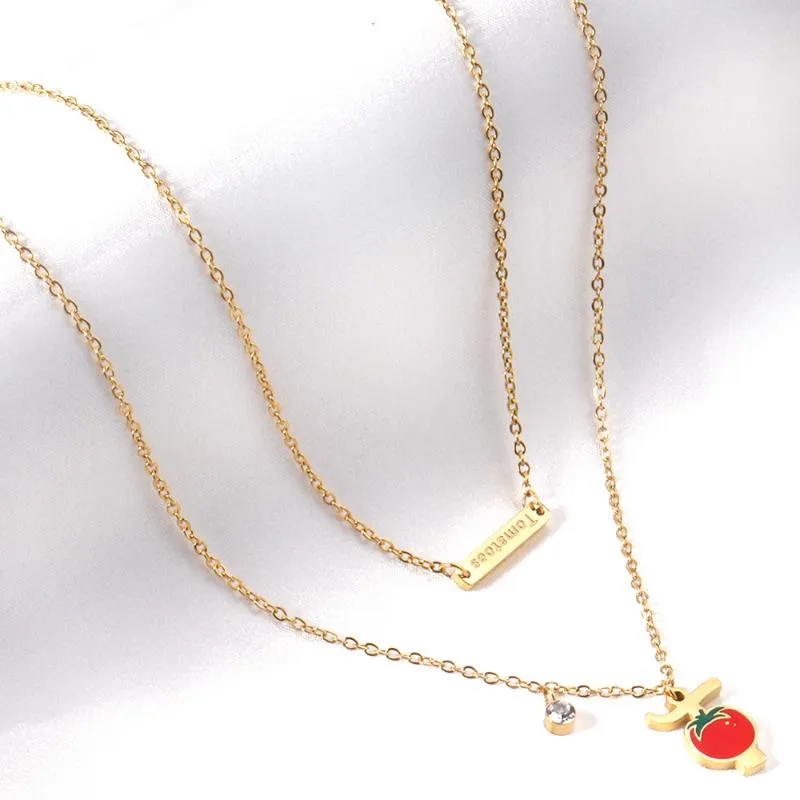 Pendant Necklaces Red Tomatoes With Letter Tablet T Alphabet Elegant Ladies Double Stainless Steel Two Layers Chains Sweet Girls