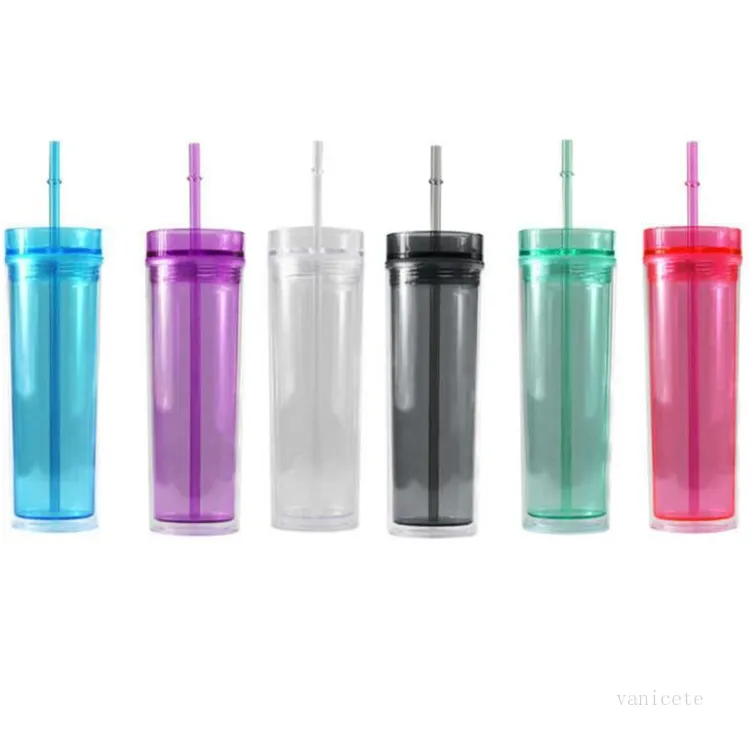 16oz Double Wall Clear Acrylic Skinny Plastic Tumblers With Lids