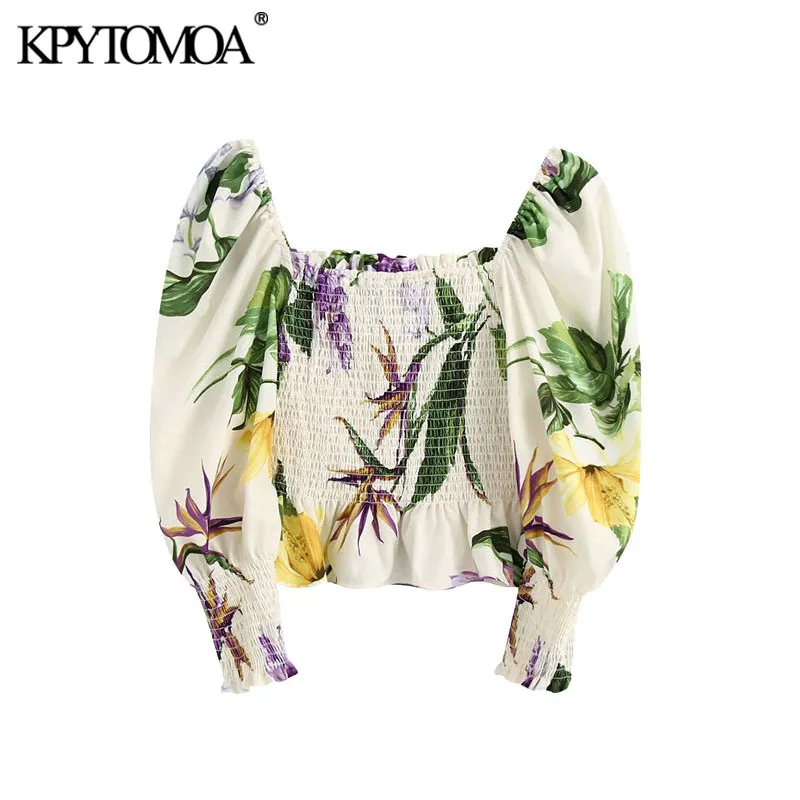Kpytomoa女性のファッションフローラルプリントフリルトリミングブラウスヴィンテージランタンスリーブ弾性スコッキング女性シャツシックなトップス210225
