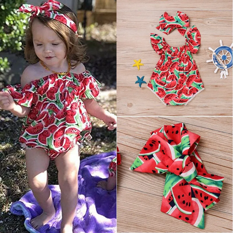 Lovely Toddler Baby Girl Watermelons Printed Jumpsuits Ruffle Sleeves Romper Bodysuit Off Shoulder Jumpsuit Outfit Set with Headband Costume Rompers ZGG3505