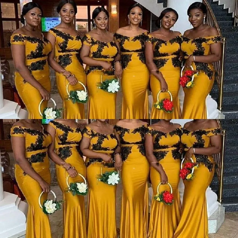 2021 Nouvelle Africaine Sirene Jaune Longue Demoiselle D honneur Robes Hors Epaule Noir Dentelle Appliques Plus La Taille Personnalise De Mariage